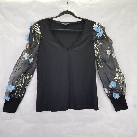 Boston Proper Blouse Sz L 3-D Floral Embellished Organza Sheer Puff Sleeve Black - Picture 2 of 16